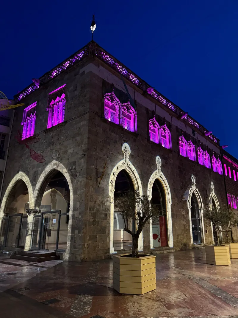 The Loge de Mer building lit up at night in Perpignan