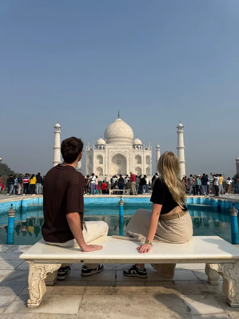 Sitting on the bench at Taj Mahal