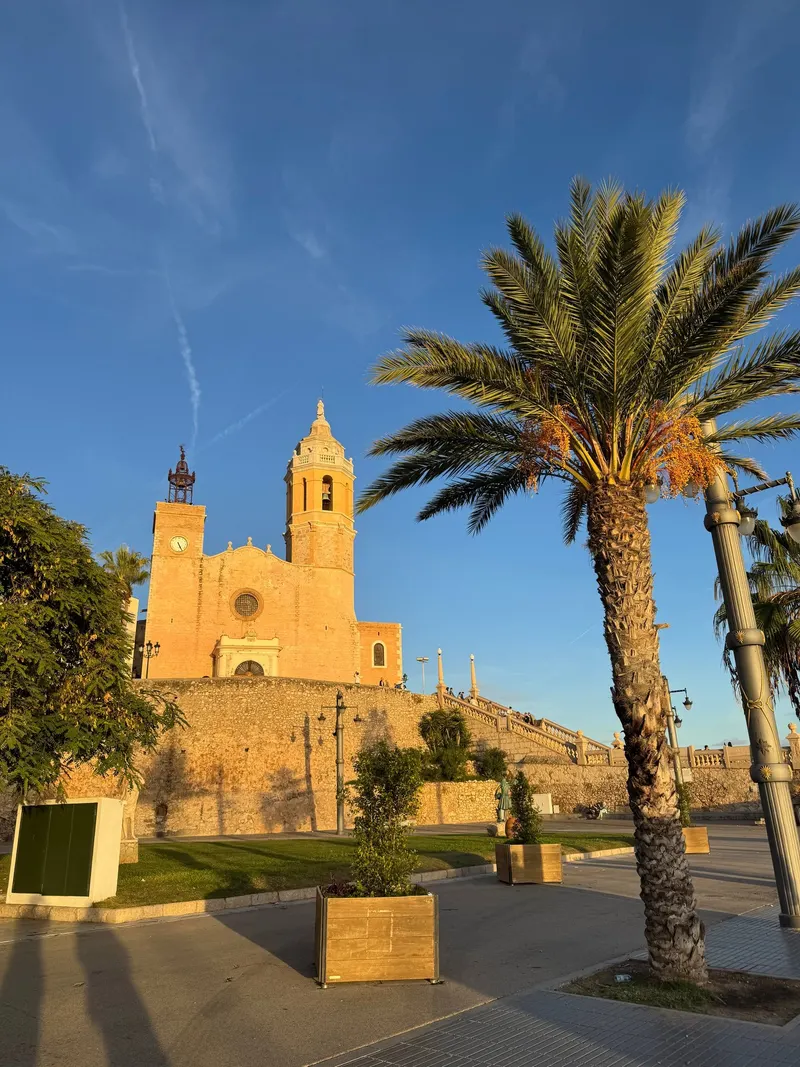 Sitges church and a palm tree at golden hour