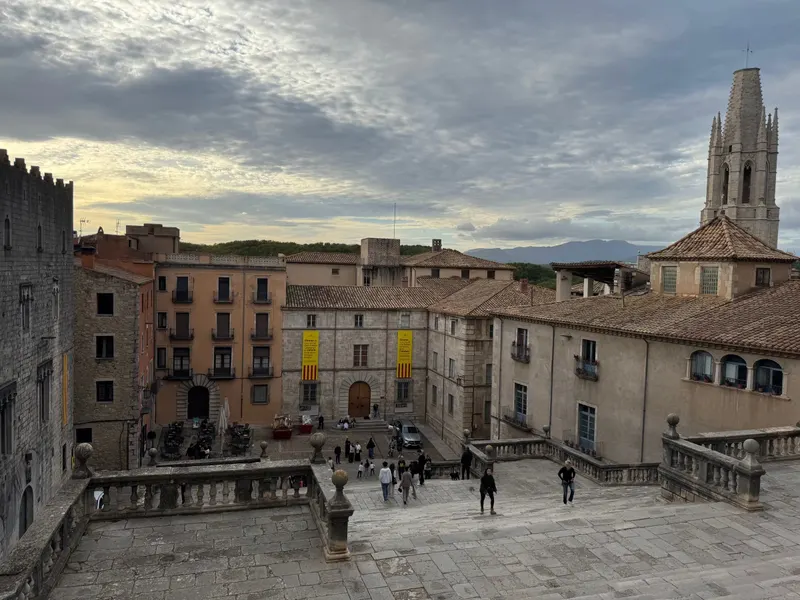 View of the cathedral staircase and surrounding buildings from the top, Girona