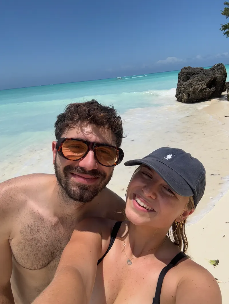 Selfie at Nungwi Beach Zanzibar with turquoise water in the background